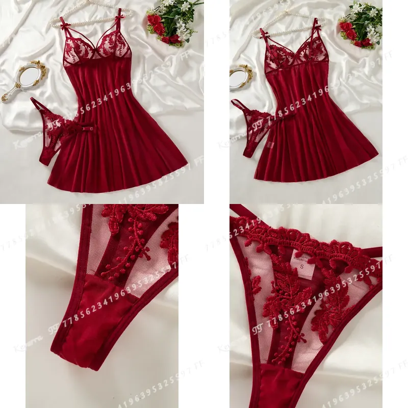 Embroidery Red - Camisón semitransparente para mujer, color rojo