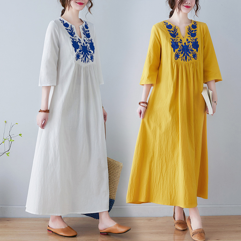 Embroidery Skirt - Nuevo Vestido Étnico Hoado con Cuello
