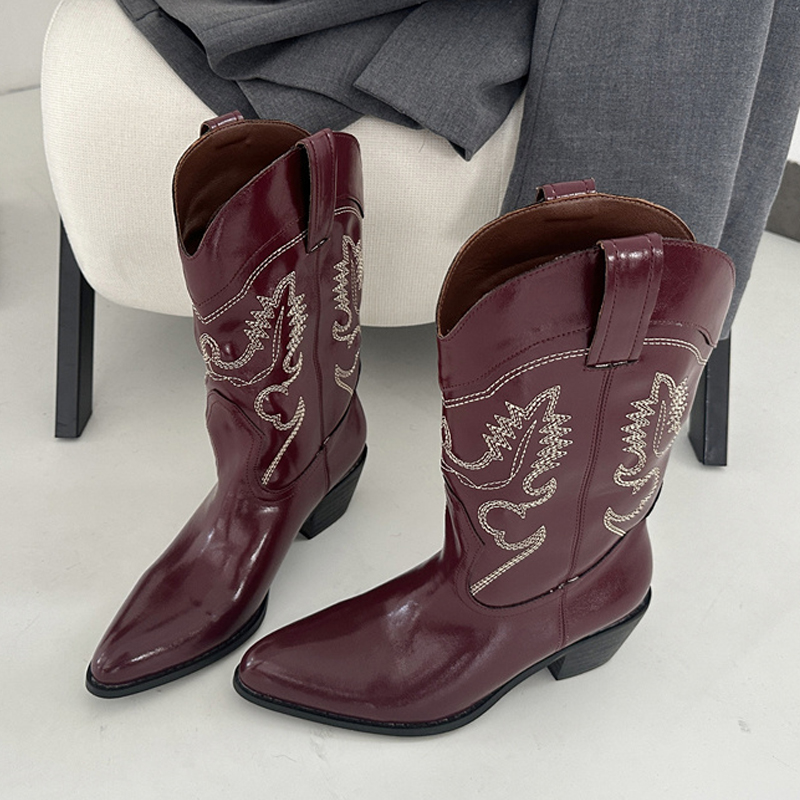 Embroidery Red - Botas occidentales de cuero rojo vino